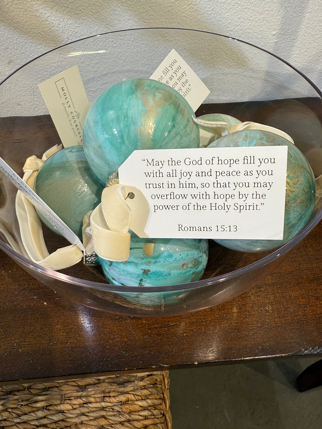 “Hope Ornament” 3 inch glass ornament with Romans 15:13 Bible Verse